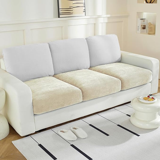 Individual Couch Cushion Covers, Stretch Sectional Couch Covers for L Shaped Sofa, Softer Chenille Sofa Covers for 3 Couch Cushions, Non-Slip Seat Slipcover Protector (3 Piece, Beige)