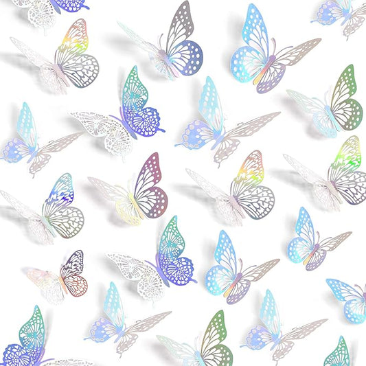 SAOROPEB 3D Butterfly Wall Decor, 72 Pcs 3 Styles 3 Sizes, Removable Metallic Wall Sticker Room Mural Decals for Kids Bedroom Nursery Classroom Party Decoration Wedding Decor DIY Gift (Laser)