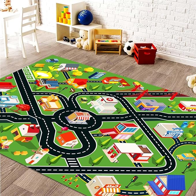 Kids Rug - Car Rugs for Kids Toy Cars Play Mat with Rubber Backing - City Life Road Rug for Fun - City Map for Carpet - Bedroom Boys (RED, 4x6ft)