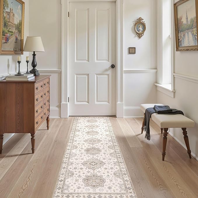 Washable 2x6 Runner Rug - Area Rugs Neutral Vintage Distressed Floral Farmhouse Boho Large Soft Floor Rug Indoor Carpet for Hallway Entryway Bedroom Kitchen - Beige Brown