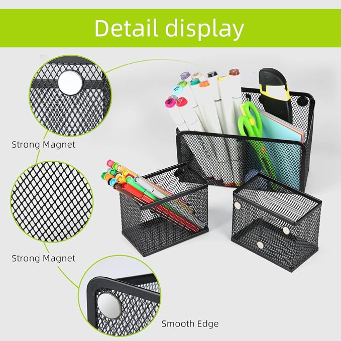 Neudeco Locker Shelf Organizer, Magnetic Pencil Holder, Metal Storage Basket for Whiteboard, Refrigerator, Ideal Cabinet for School, Black (Pack 3L)