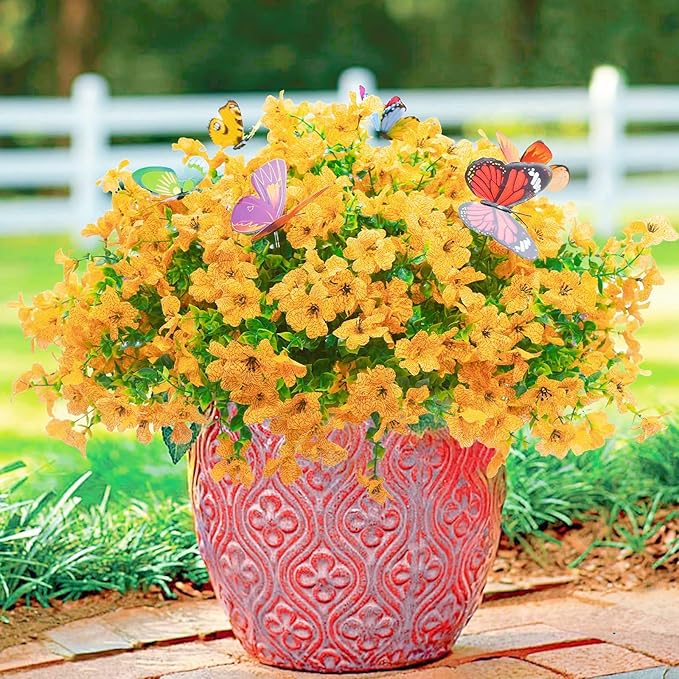 ‌20 Bundles Artificial Flowers for Outdoors‌ with 6 Faux Butterflies, UV Resistant ‌Fake Flowers‌ with Eucalyptus Leaves, ‌Artificial Plants Outdoor‌ for Patio Garden Porch Home Decor (Yellow)