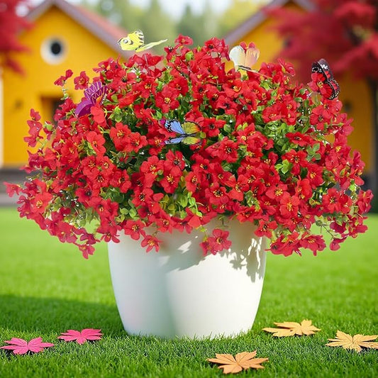‌20 Bundles Artificial Flowers for Outdoors‌ with 6 Faux Butterflies, UV Resistant ‌Fake Flowers‌ with Eucalyptus Leaves, ‌Artificial Plants Outdoor‌ for Patio Garden Porch Home Decor (Red)