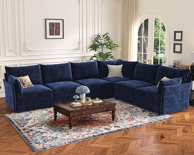 134.6" Oversized Modular Sectional Sofa, 6 Seater U Shaped Couch with Storage Ottoman with Reversible Chaise Deep Seat for Living Room, Apartment - Chenille Blue