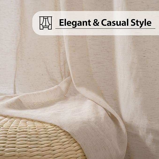 FMFUNCTEX Linen Sheer Curtains for Bedroom, Taupe Curtains 63 Inch Length for Living Room, Brown Farmhouse French Flax Blend Window Draperies, Rod Pocket 2 Panels Set