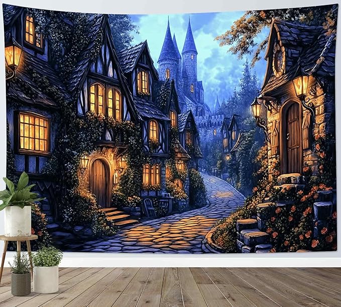 LB Vintage Castle Tapestry, Night Street Old House and Green Tree Wall Tapestry for Bedroom Aesthetic, Village Gothic Wall Art for Living Room Dorm Home Decor Ready to Hanging, 59 x 51 Inches