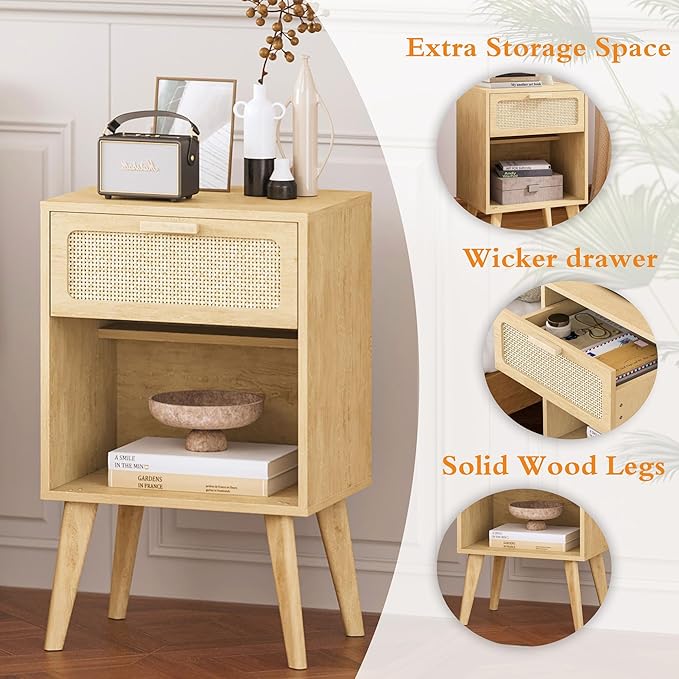 Rattan Nightstand with Opening Storage,Boho Bedside Table with Drawer,Wood Nightstand with Solid Wood Legs,End Side Table for Living Room,Bedroom,Small Space Natural CTG62Y