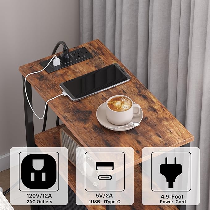 TUTOTAK Narrow LED Night Stand with Charging Station, Slim End Table with Plugins, Tall Side Table with 3 Fabric Drawer, Small Bedside Table with Storage, Set of 2, for Living Room, Brown TB01BB073L