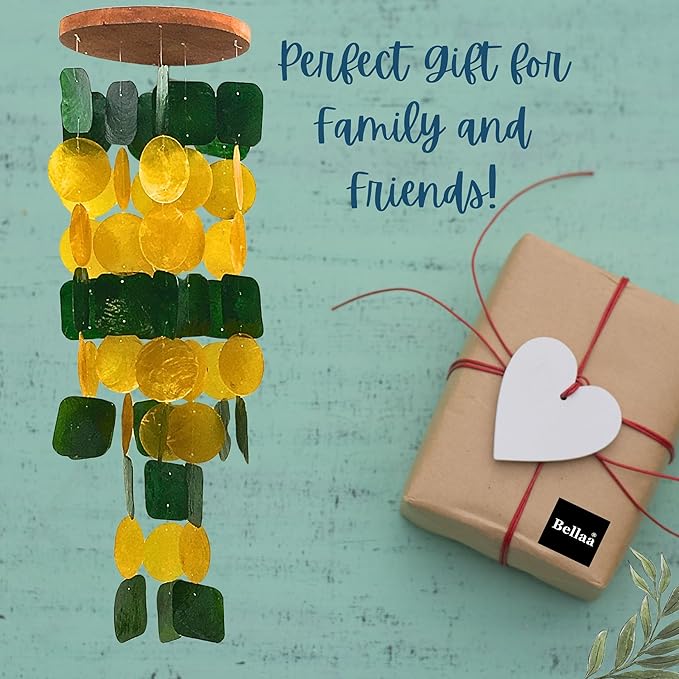 Bellaa 24896 Wind Chimes Outdoor, Garden Decorations, Musical, Indoor/Outside Windchimes, Beach, Ocean Breeze, Gifts for Mom, Gift for All Occasions, Capiz Sea Glass Shells Wood Yellow Green