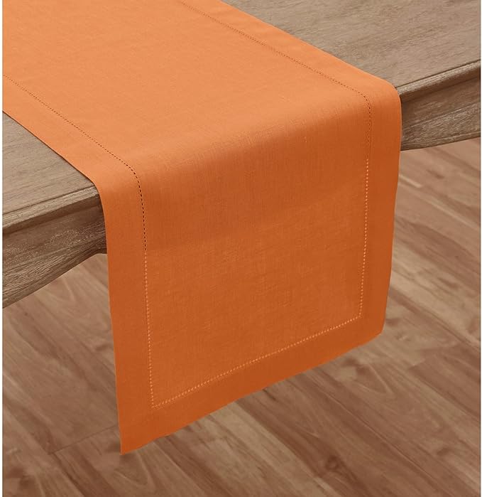 Solino Home Linen Pumpkin Table Runner 90 Inches Long - 100% Pure Linen Hemstitch 14 x 90 Inch Table Runner for Dining, Fall, Autumn, Halloween, Thanksgiving - Classic Hemstitch