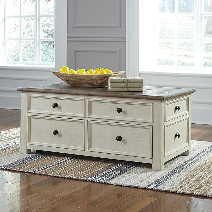 Signature Design by Ashley Bolanburg Farmhouse Lift Top Coffee Table with Drawers, Antique Cream & Brown