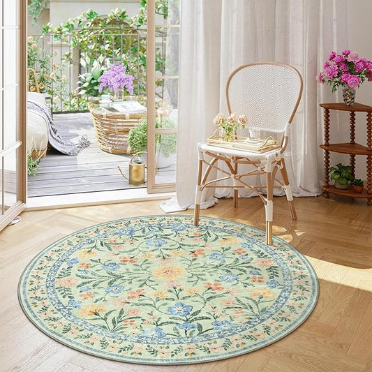 Wonnitar Washable Floral Round Rug, 6ft Sage Green Round Area Rugs for Bedroom Nursery, Boho Non-Slip Indoor Large Circle Carpets for Dining Room Living Room Kids Playroom