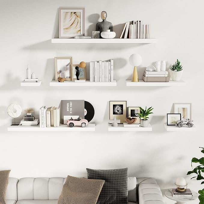 Fun Memories Wood Floating Shelves 16 Inch, 10 Inch Deep Shelves Wall Mount, Wall Shelves with Invisible Bracket, 16" Floating Shelves for Living Room Bathroom Bedroom, White, Set of 2