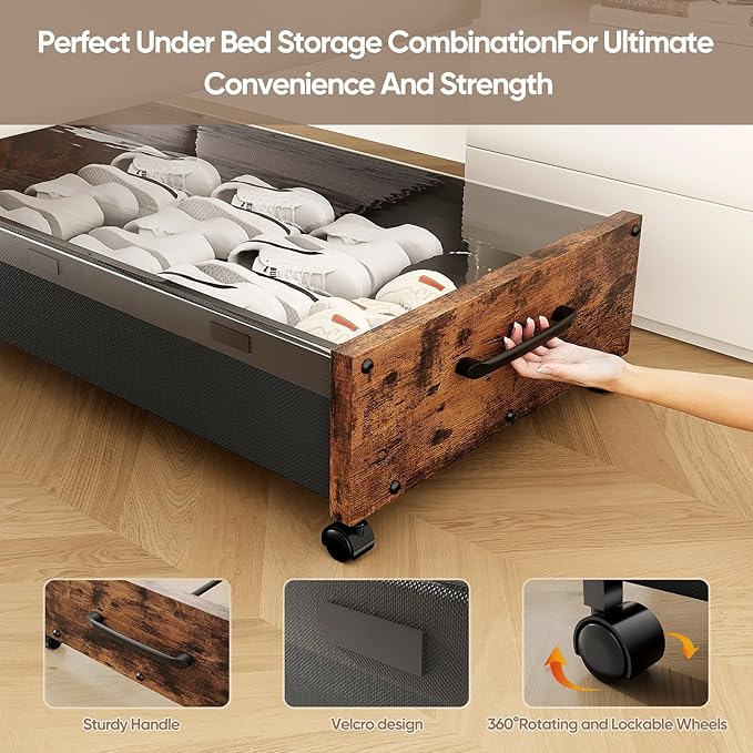 Wooden Under Bed Storage with Wheels, Rolling Under the Bed Storage Bins with Removable Lid, Metal Under Bed Drawers for Clothes and Shoes in Bedroom or Living Room(Walnut Brown-1pack)