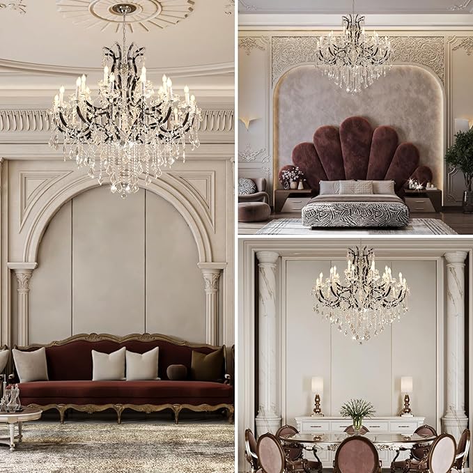 Large Black Crystal Chandelier Light Fixtures, 24 Lights Modern Crystal Chandeliers for Hotel, Lobby, Foyer, Entryway Hall, Staircase High Ceiling 50'' Chandelier 2 Layers