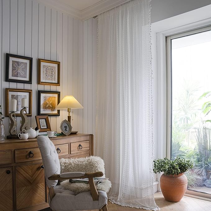 Sutuo Home White Boho Curtains Crochet Lace Semi-Sheer Bohemian Hollow Knitted Handmade Tassels, Rod Pocket Window Treatment Vintage Rustic Farmhouse Drapes for Glass Slide Door, 1 Panel 59" W x 90" L