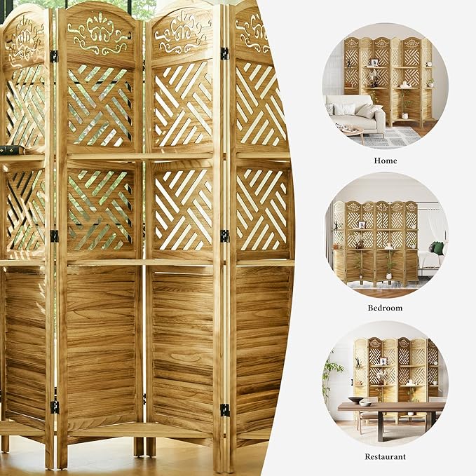 Room Divider with Shelves, 68.9inch Wood Carved and Louvered Wall Divider Freestanding, 6 Panels Folding Partition Screen for Bedroom Home Office (Natural)