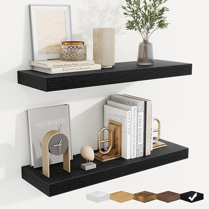 fuqing Floating Shelves for Wall, Bathroom Shelf Wall Mounted for Storage, Shelves with Invisible Bracket for Bedroom, Kitchen, Living Room, Farmhouse Small Book Shelf, 24 Inch Set of 2, Black