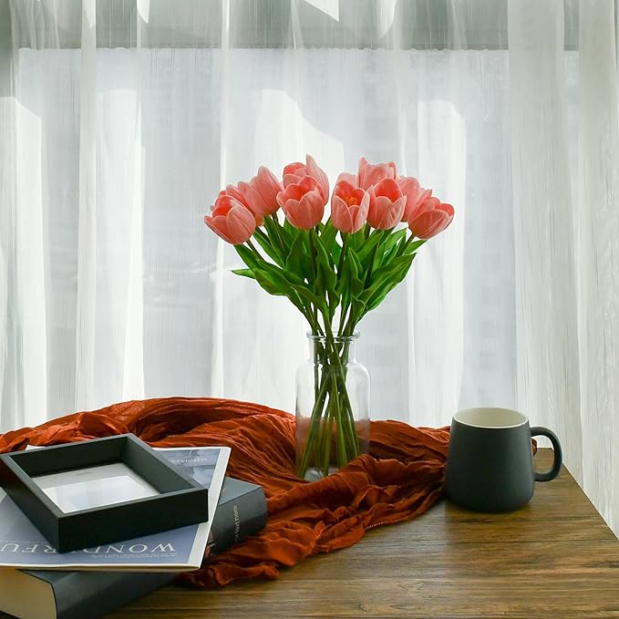 Mandy's Artificial Tulips 12 Stems Light Pink Partially Open PU Faux Flowers for Wedding Home Decor 13.5 Inch