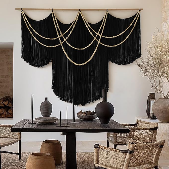 Macrame Wall Hanging Black Yarn Tapestry Home Decor Large Fiber Wall Art Living Room Bedroom Home Wall Decor 57" W x 43" L