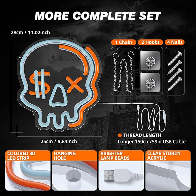 Eufrozy Halloween Neon Sign for Boys Room, Cool Skull Led Signs Kids Bedroom Decor, 6 Dimmable USB Powered Led Lights for Teenage Gamer Wall Decor Man Cave Gifts Blue Skeleton Decorations