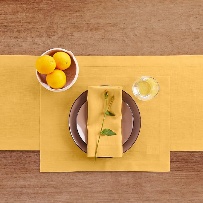 Solino Home Linen Mustard Yellow Table Runner 132 Inches Long - 100% Pure Linen Extra Long Table Runner 14 x 132 Inch - Fete
