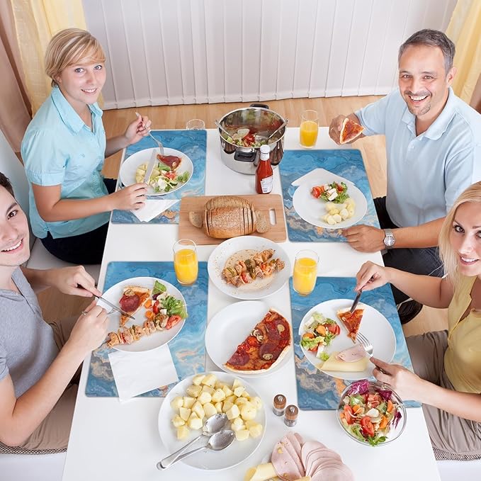 Marble Placemats Set of 6 Blue Marbles Plastic Table Mats Marble Theme Place Mats Wipe Clean Washable Holiday Table Decoration for Indoor Outdoor Party Kitchen Dining