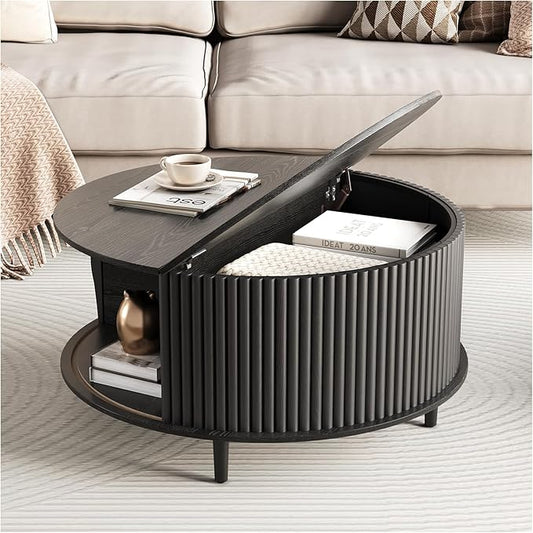 Round Coffee Table with Storage,Mid Century Modern Dining Table with Sliding Cabinet Door for Living Room,Home Small Space,31.5" Small Center Table,Black
