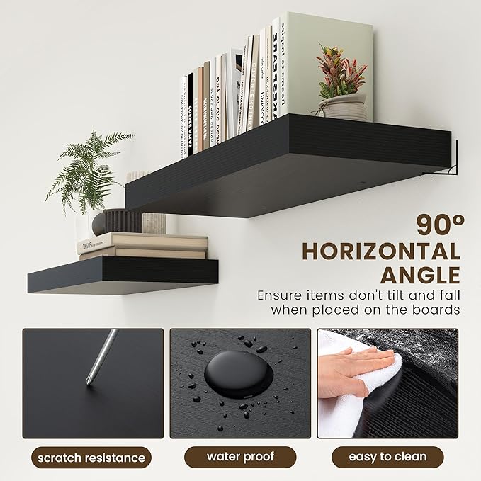 Deep Floating Shelves for Wall | 30 Inch Wide x 12 Inch Black Deep Floating Shelves | 30W x 12D Rustic Wood Wide Wall Shelves | Bookshelf Laundry Shelf TV Shelf