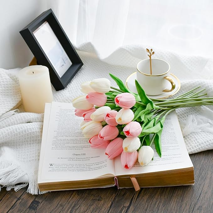 Mandy's Artificial Tulips 20 Stems White and Light Pink PU Faux Flowers for Wedding Home Decor 13.5 Inch