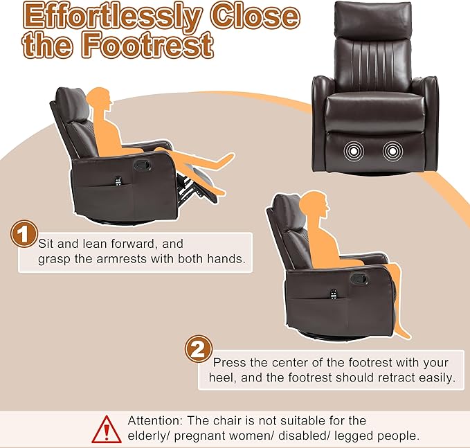 Manual Swivel Rocker Recliner Chair for Adults, Overstuffed Reclining Glider Chair for Nursing with Vibration Massage & Heat, Living Room Rocking Recliner 2-Stage backrest, Faux Leather Brown