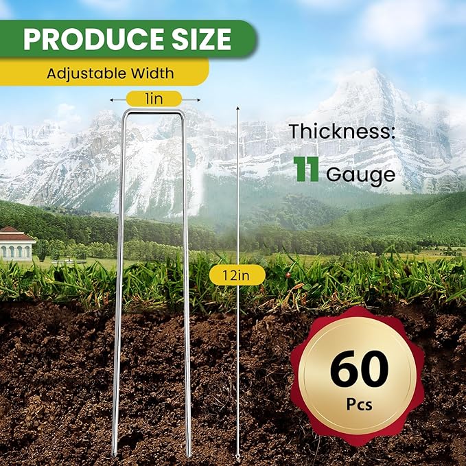 Landscape Staples 12 Inch 60 Pack, Garden Stakes Galvanized Garden Staples 11 Gauge, Plant Cover Stakes for Lawn Weed Barrier