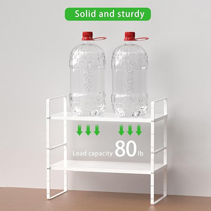 Expandable Cabinet Storage Shelf Stackable Organizer Rack for Kitchen Bathroom Pantry Spice Cupboard Countertop Home Office Desk Heavy Duty Nonslip White Large 1 Pack