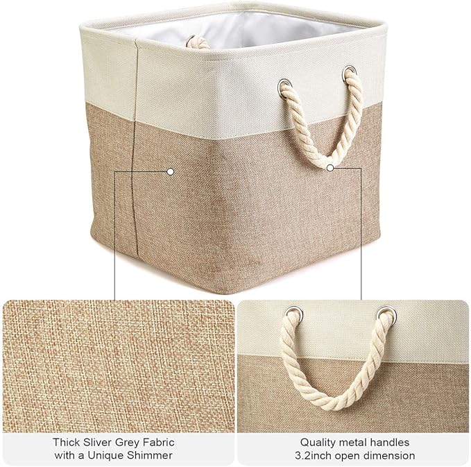i BKGOO 3Pack Large Foldable Storage Bins，Collapsible Sturdy Cationic Fabric Organizing Storage Basket Cube with Cotton Handles for Home Office Shelf Clothes Toys White-Khaki 13×13×13 inch