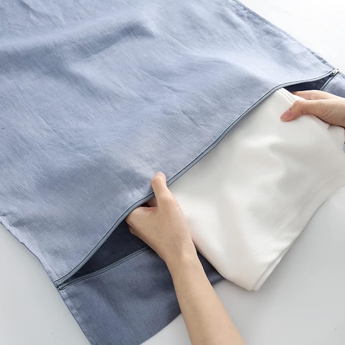 Linen Hanging Laundry Bag, 100% Linen Over The Door Laundry Hamper with Buttons and Zipper, Space Saving Door Hampers for Laundry Dirty Clothes Home Travel, Blue