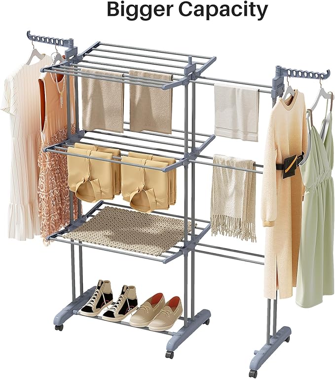 Kitstorack Clothes Drying Rack - Foldable Movable Clothes Rack Drying 30.0" W to 59.0" W Extensible Drying Rack Clothing Oversized 4-Tier Stainless Steel Large Clothes Rack Drying Indoor and Outdoor