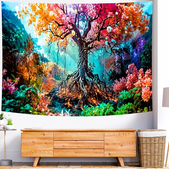 Delur Forest Tapestry Tree of Life Fantasy Tropical Rainforest Tapestry Wall Hanging Colorful Nature Mystical Landscape Psychedelic Spiritual Headboard for Bedroom Living Room Home Decor (51.2" x 59.1")