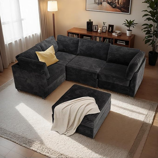 Modular Sectional Sofa with Chaise U Shaped Sectional Couch for Living Room, 5-Seater Comfy Cloud Couches with One Movable Ottoman, Plush Corduroy, Black