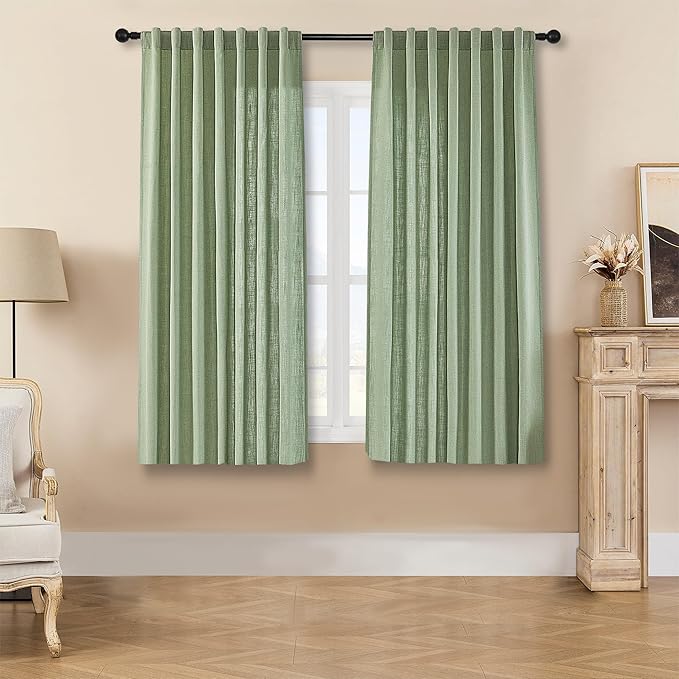 Joydeco Linen Curtains for Living Room,Light Filtering Rod Pocket Back Tab Semi Sheer Drapes Window Long Curtains 63 inches Long Sage Green