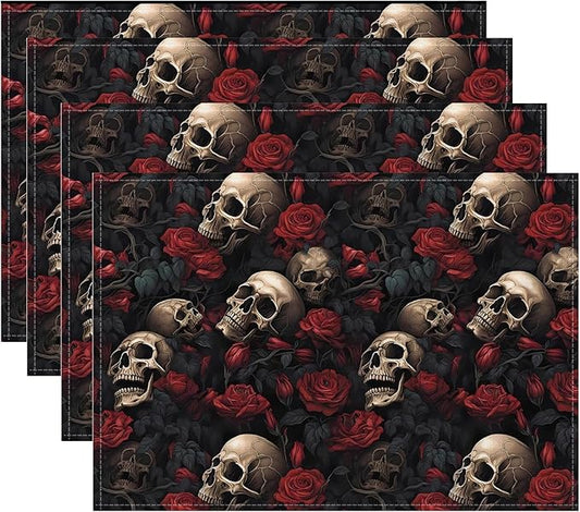 Halloween Skull Rose Placemats, Washable Heat Resistant 12×18 Inch Table Mats Floral Place Mats for Party Outdoor Decoration Kitchen Dining Décor