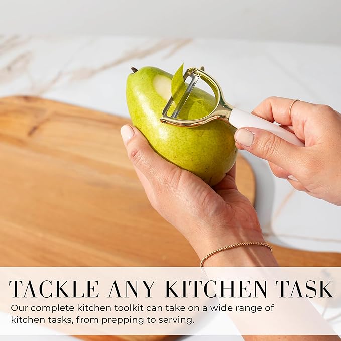 White & Gold Cooking Utensils Set - Luxe 8-Piece Kitchen Gadget Set Includes Can Opener, Tongs and Garlic Press - Stylish White and Gold Kitchen Accessories for Modern Kitchens, Ideal for Gifting