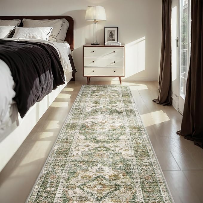 AMOAMI-2X6 Runner Rug-Washable Runners for Hallways-Soft Non Slip Bedside Rugs for Bedroom-Vintage Long Rug for Hallways Entryway Laundry Room Stair Kitchen Bathroom Olive Green