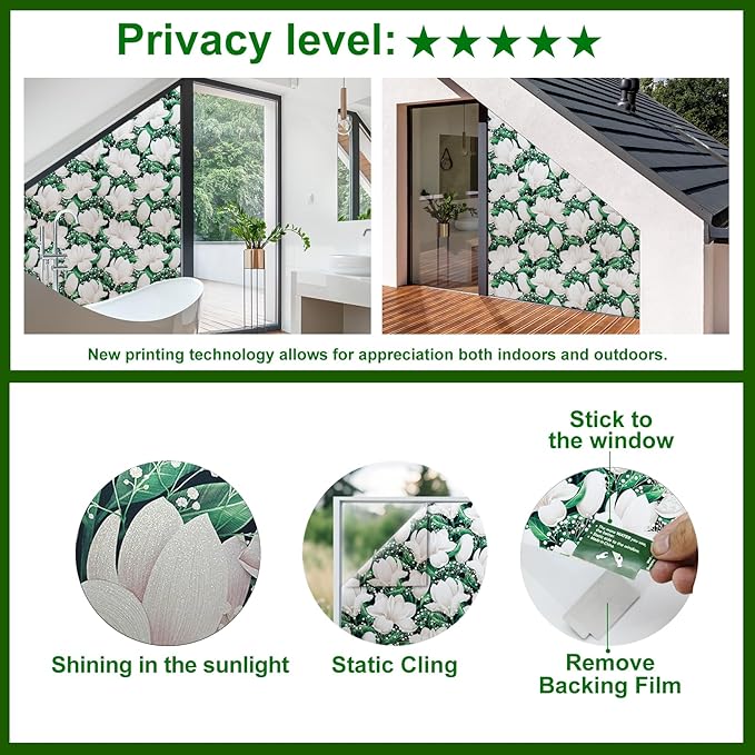 Window Privacy Film Stained Glass Decorative Static Clings Frosted Window Tint for Home Room Decor Bathroom Door Car Stickers with Glittering Effect, Removable(Magnolia Design)