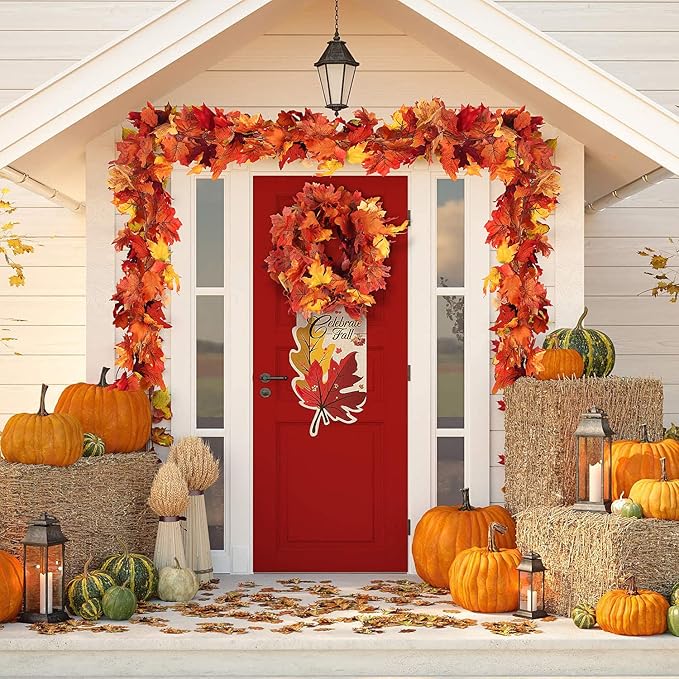 RECUTMS 2 Pack Fall Maple Garland - 5.8 FT/Pcs Autumn Hanging Fall Leave Vines for Home Garden Wedding Party Thanksgiving Dinner Fireplace Door Frame Doorway Backdrop Christmas Decor