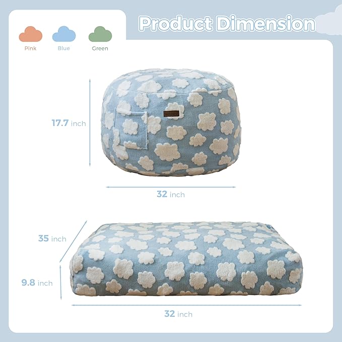 MAXYOYO Bean Bag Chair Bed for Kids, Convertible Bean Bag from Lazy Chair to Floor Bed, Fresh Cloud Design Cover, Stuffed Floor Sofa Couch for Boys and Girls, High-Density Foam Filling, Blue