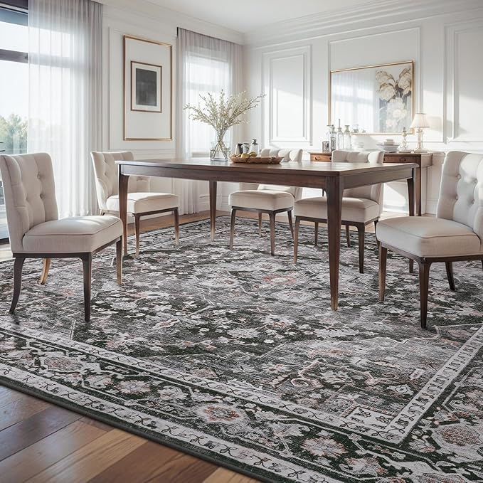 AMOAMI-Area Rug 8X10 Rugs for Living Room-Vintage Soft Black Rugs for Bedroom-Non Slip Carpet-Washable Rug for Dining Room Living Room Bedroom Office Under Table Dark Grey & Black