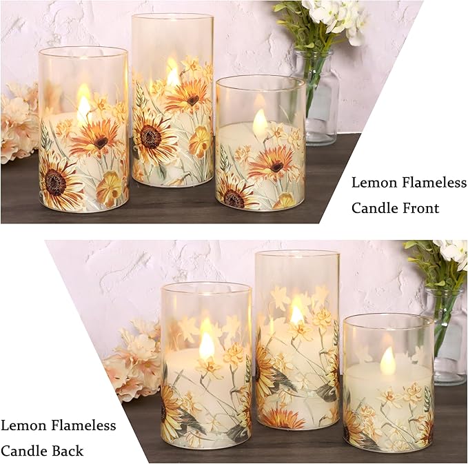 MELTONE Autumn Sunflower Flameless Candles Remote Real Wax Flickering Battery Operated Glass Candles - Home Party Bedroom Birthday Christmas Summer Fall Decorations