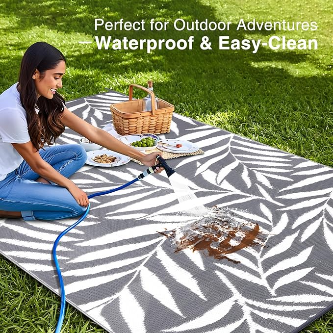 OLANLY Waterproof Outdoor Rug 6x9 ft, Reversible Outdoor Plastic Straw Rug with Leaf Pattern, RV Mat, Indoor Outdoor Carpet for Patio, Camping, Balcony, Deck, Backyard, Grey & White