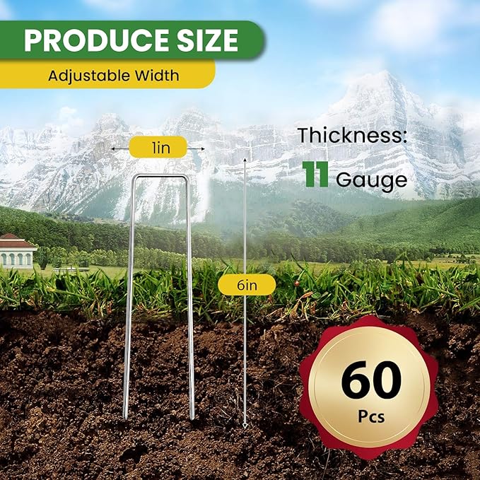 Landscape Staples 6 Inch 60 Pack, Garden Stakes Galvanized Garden Staples 11 Gauge, Plant Cover Stakes for Lawn Weed Barrier