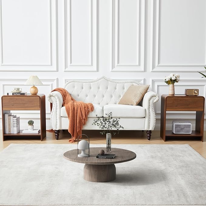 Fluted Nightstand with Charging Station, Mid Century Modern Bed Side Table End Table with Drawer Storage, Large Wooden Night Stands Bedside for Bedroom Living Room Sofa Office, Walnut